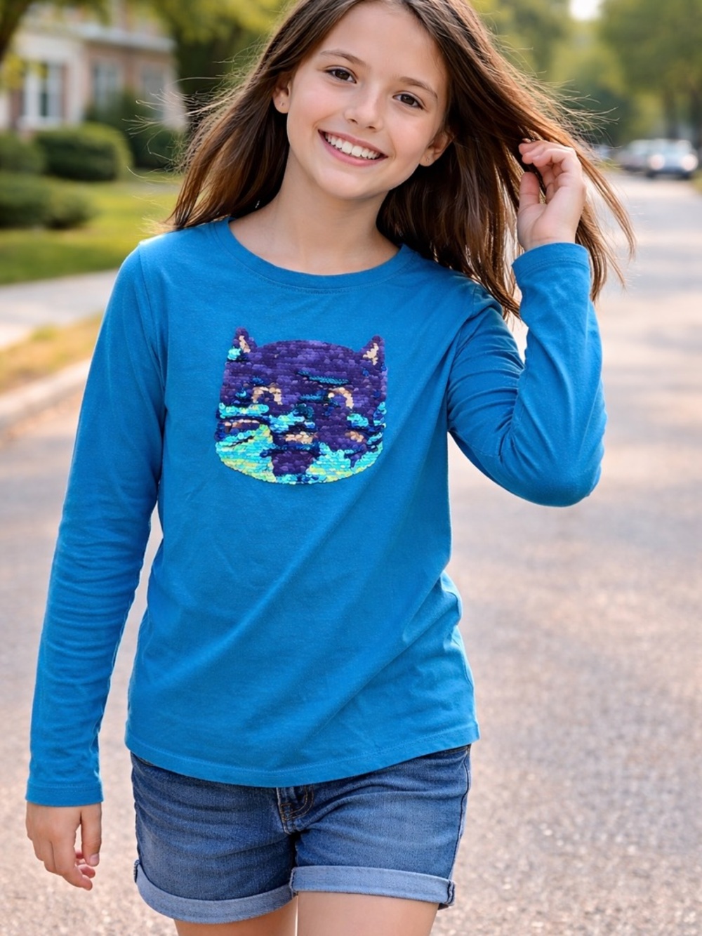 Cat & Jack Blue Long-Sleeve T- Shirt Top Reversible Sequin Cat Logo Casual L